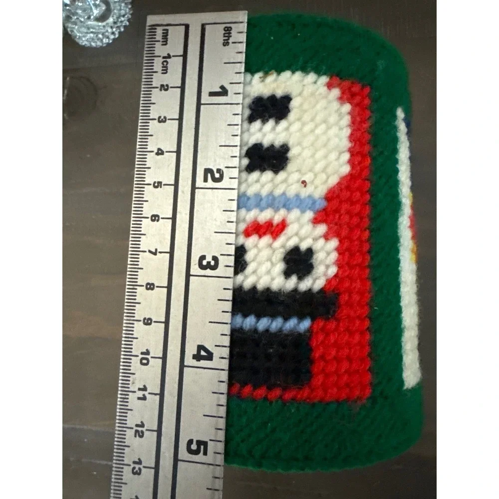 Vintage 1981 Handmade Needlepoint Christmas Snowman Angel Toy Soldier Green Cozy
